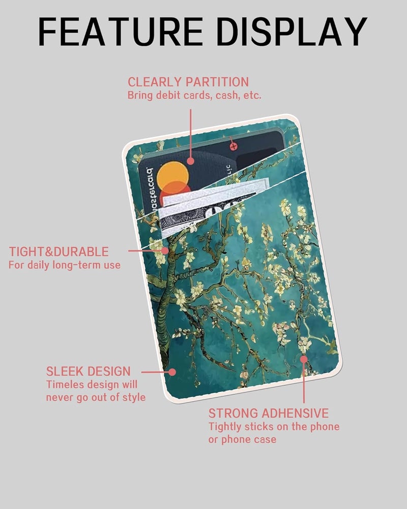 AOHRO Dual Pocket Leather Phone Wallet Adhesive Stick On, Cute Card Holder, Credit Card Holder for Case, Green Boho Tree - Image 5